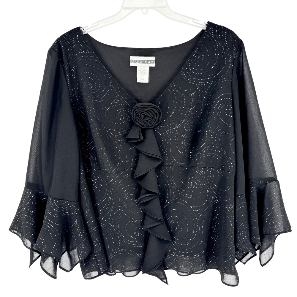 Vintage Y2K Whimsigoth Glam Dark Fairy Blouse Black/Shimmer Plus Sz 22W Dana Kay